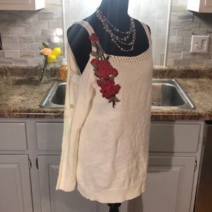 NWT NEW Embroidered Cream Knit Cold Shoulder Roses